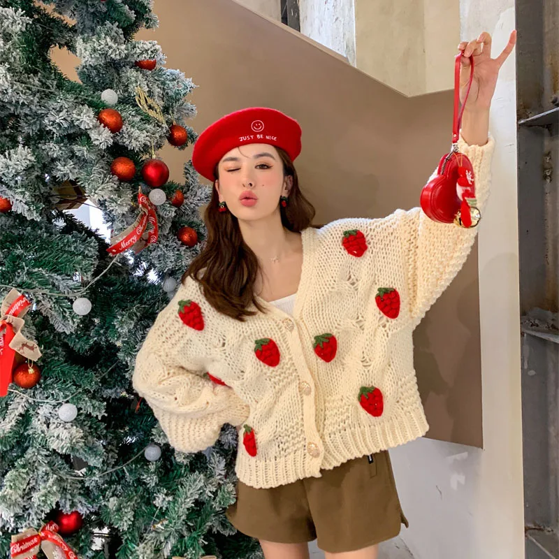 Y2K Fashion Strawberry Knit Cardigan: Loose Fit Long Sleeve Warm Sweater