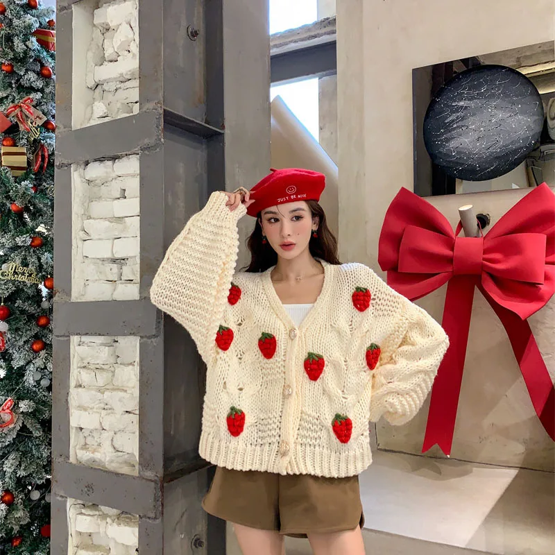 Y2K Fashion Strawberry Knit Cardigan: Loose Fit Long Sleeve Warm Sweater