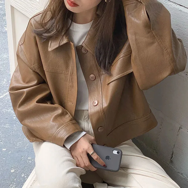 Y2K Fashion Streetwear Women's Pu Jacket - Korean Chic Solid Lapel Casual Coat