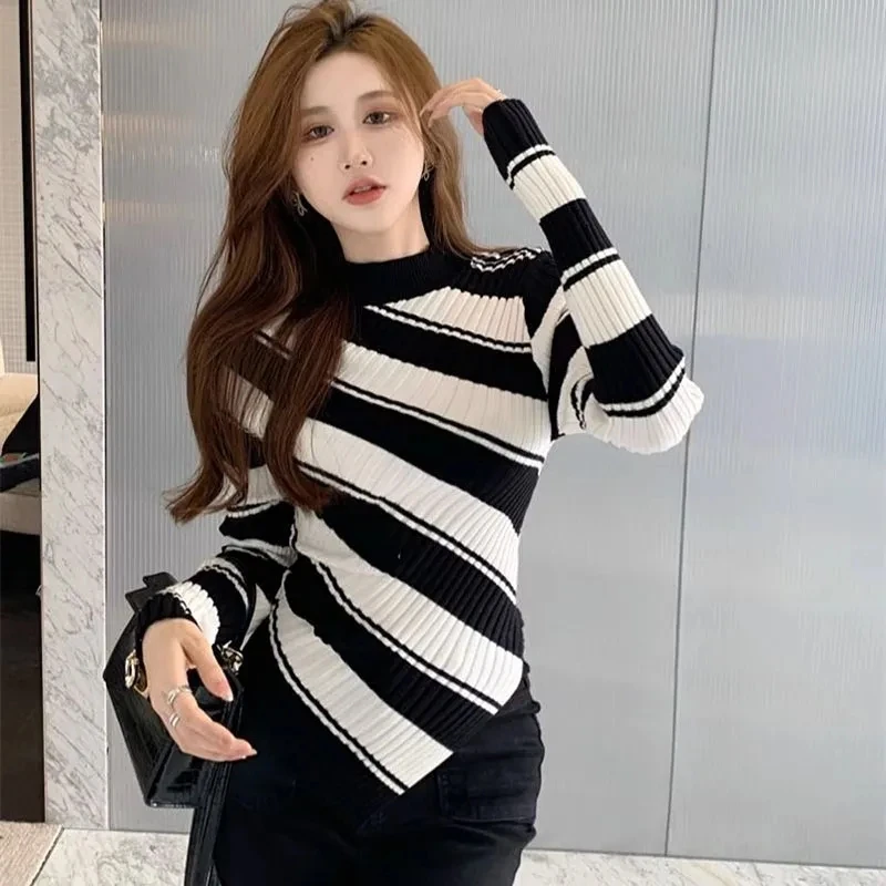 Y2K Fashion Striped Knit Sweater - Mock Neck Long Sleeve Irregular Fit