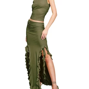 Y2K Fashion Two-Piece Set: Crop Top with Fungus Lace Long Skirt