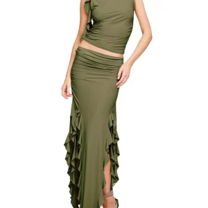 Y2K Fashion Two-Piece Set: Crop Top with Fungus Lace Long Skirt