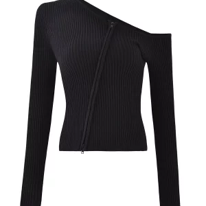 Y2k Fashion Women's Long Sleeve Knitted Sweater - Black Zipper Pullover