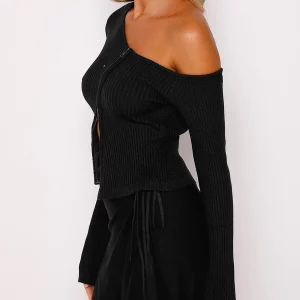 Y2k Fashion Women's Long Sleeve Knitted Sweater - Black Zipper Pullover