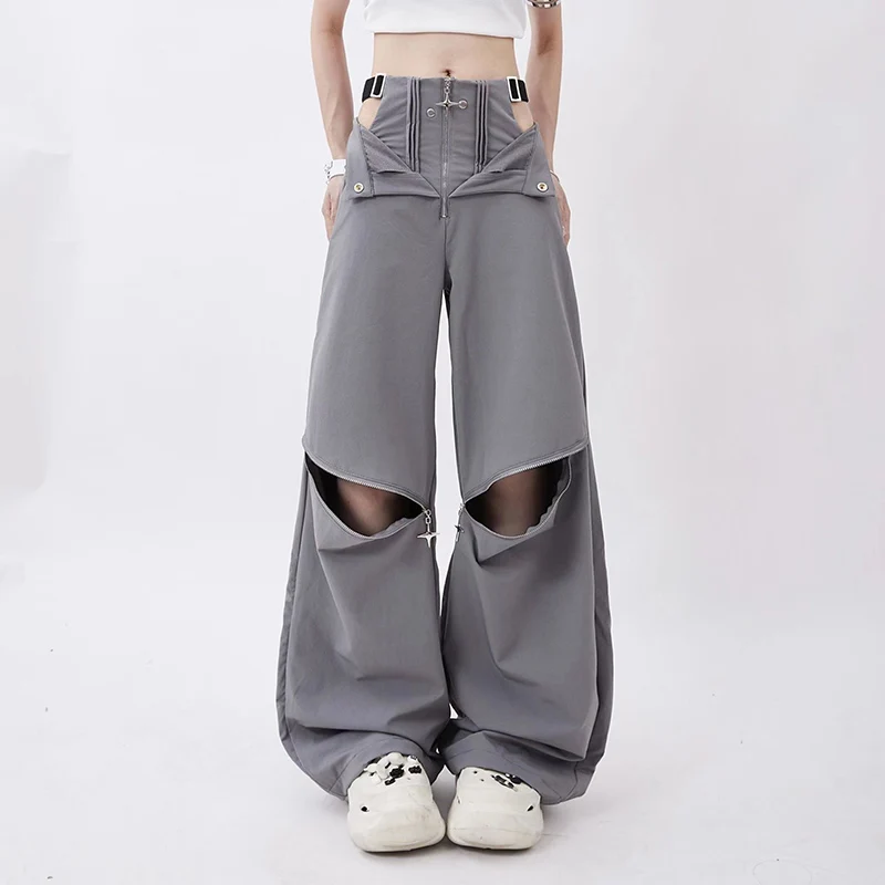 Y2K Fashion Zipper Cargo Pants - Korean High Waist Streetwear Wide Leg Trousers