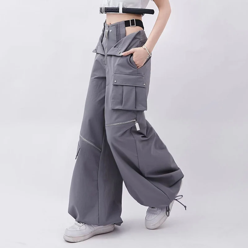 Y2K Fashion Zipper Cargo Pants - Korean High Waist Streetwear Wide Leg Trousers