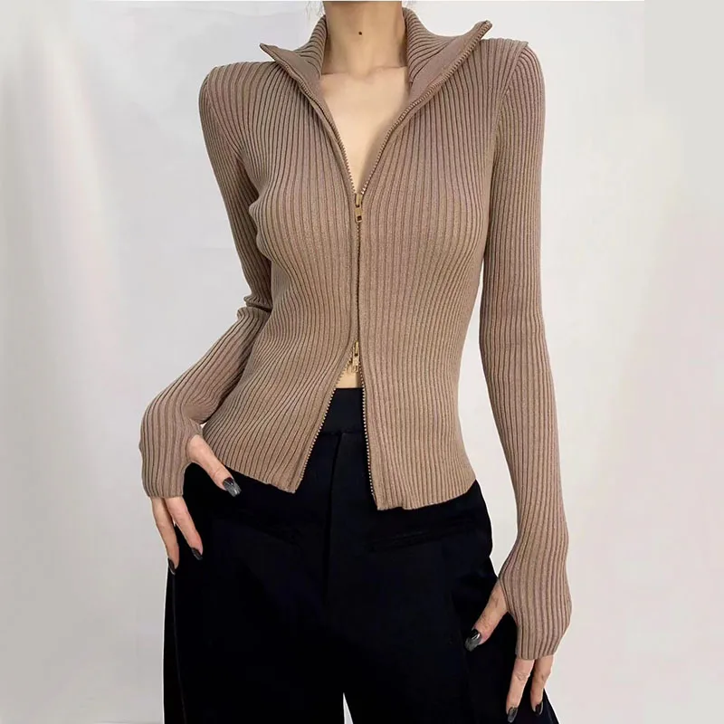 Y2K Fashion Zipper Knit Cardigan - Korean Streetwear Turtleneck Top