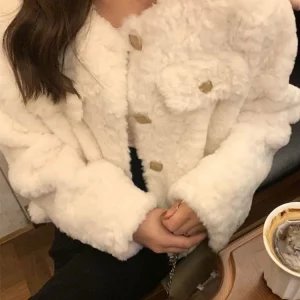 Y2K Faux Lamb Fur Jacket - Sweet Fluffy Winter Coat