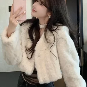 Y2K Faux Lamb Fur Jacket - V-Neck White Fluffy Coat