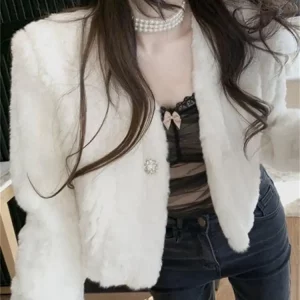 Y2K Faux Lamb Fur Jacket - V-Neck White Fluffy Coat