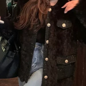 Y2K Faux Lamb Wool Patchwork Fur Jacket - Sweet & Fluffy Coat