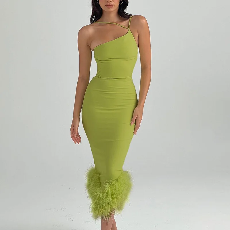 Y2K Feather Down One Shoulder Midi Dress - Summer Clubwear