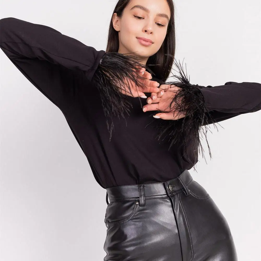 Y2K Feather Trim Crop Top - Long Sleeve Grunge Style Blouse