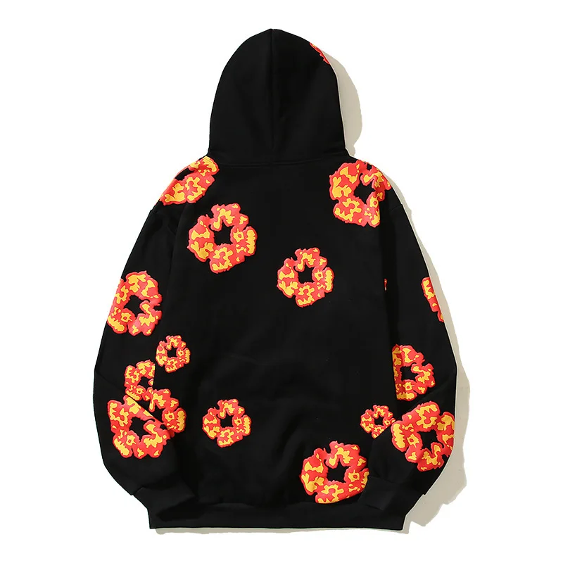 Y2K Flame Flower Print Hooded Pullover - Casual Sports Hip Hop Rock Sweater