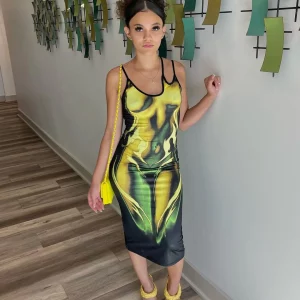 Y2K Flame Print Asymmetric Bodycon Midi Dress