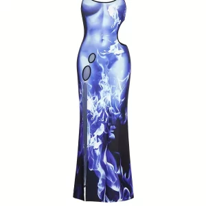 Y2K Flame Print Backless Maxi Party Dress