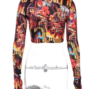 Y2K Flame Print Long Sleeve Crop Tee - Sexy Club Streetwear