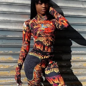 Y2K Flame Print Long Sleeve Crop Tee - Sexy Club Streetwear