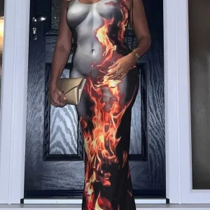 Y2K Flame Print Sleeveless Maxi Dress - Sexy Summer Party Outfit