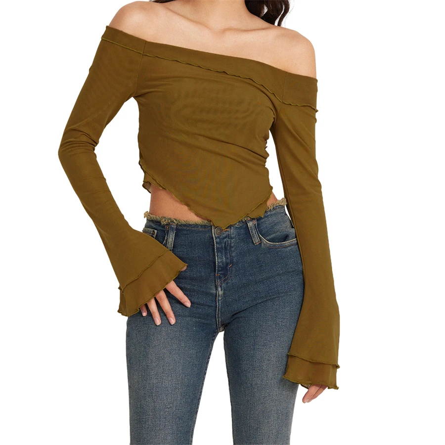 Y2K Flare Crop Top: Long Sleeve Off-Shoulder Slim Fit Tee