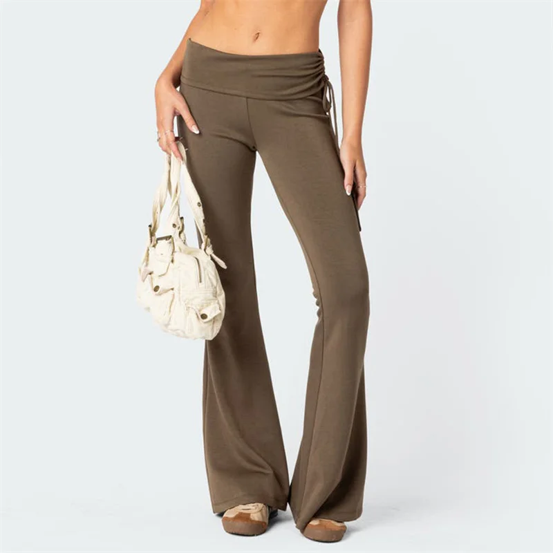 Y2K Flared Pants Women Aesthetic Solid Color Drawstring Trousers