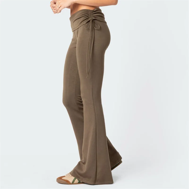 Y2K Flared Pants Women Aesthetic Solid Color Drawstring Trousers