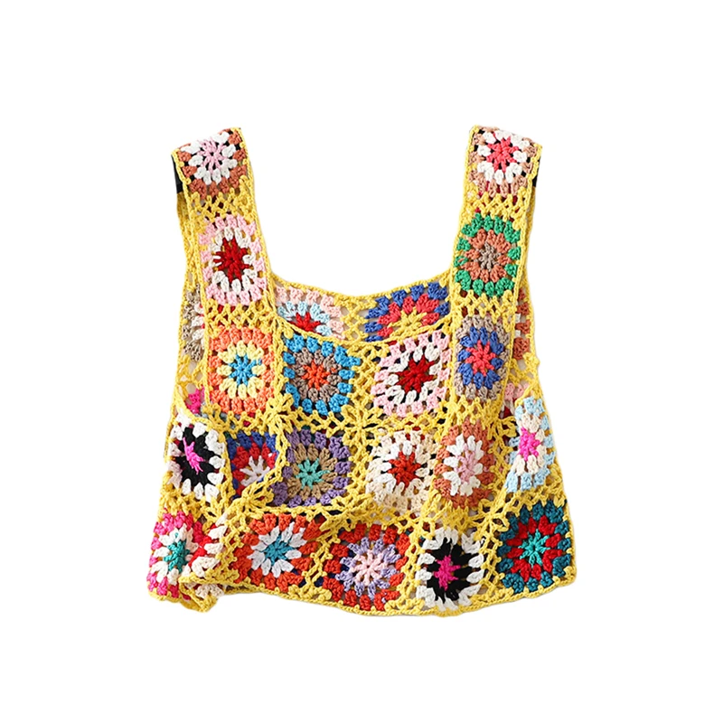 Y2K Floral Embroidered Knit Crop Top - Sleeveless Hollow Out T-shirt Vest