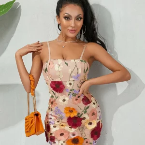 Y2K Floral Embroidered Mini Dress - Spaghetti Strap Clubwear