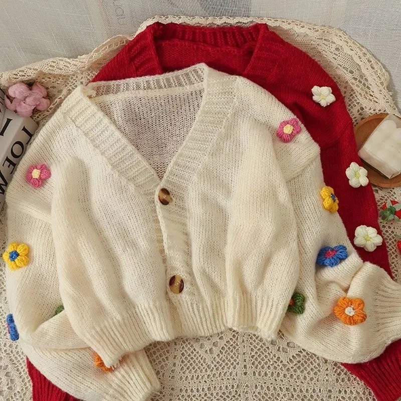 Y2K Floral Embroidered V-Neck Cardigan - Korean Chic Crop Sweater