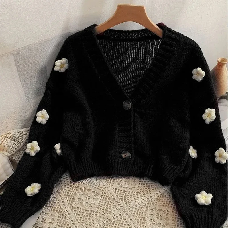 Y2K Floral Embroidered V-Neck Cardigan - Korean Chic Crop Sweater