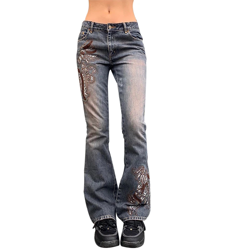 Y2K Floral Embroidery Low Waist Flared Jeans - Grunge Aesthetic Vintage 90s Sweatpants