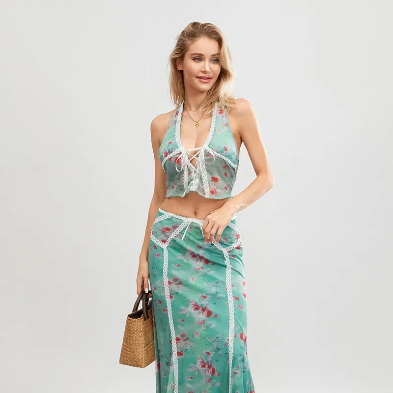 Y2K Floral Halter Top and Long Skirt Set - Streetwear Outfit