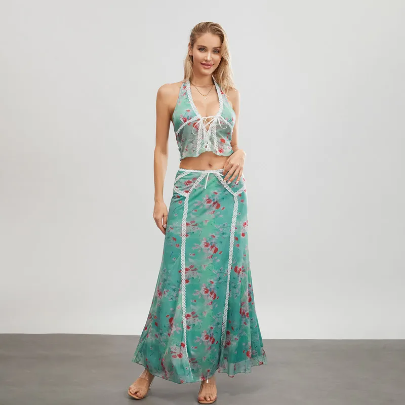 Y2K Floral Halter Top and Long Skirt Set - Streetwear Outfit