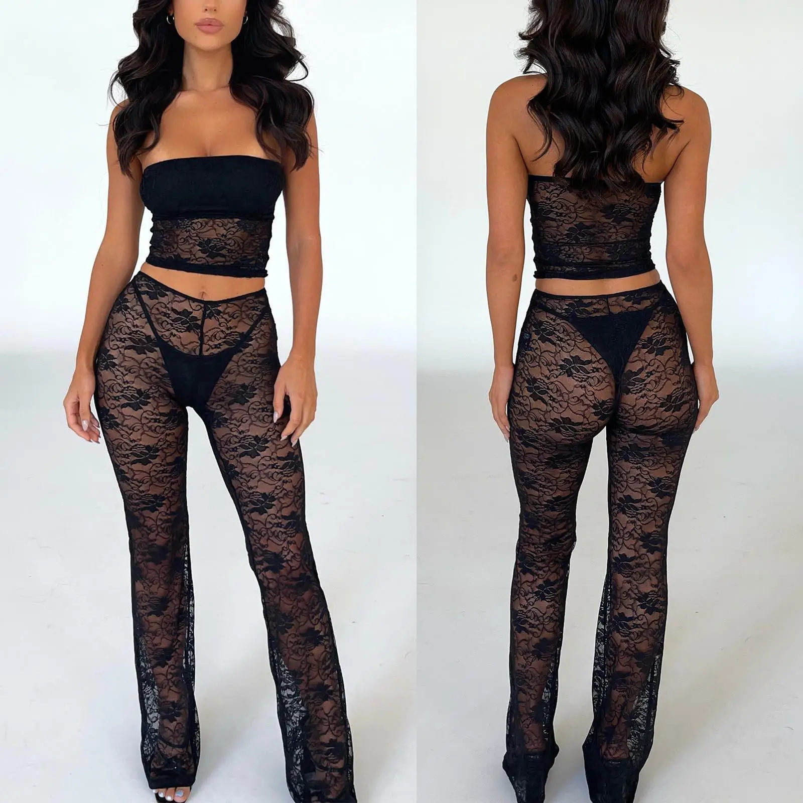 Y2K Floral Lace 2-Piece Set: Bandeau Tube Top + Straight Trousers