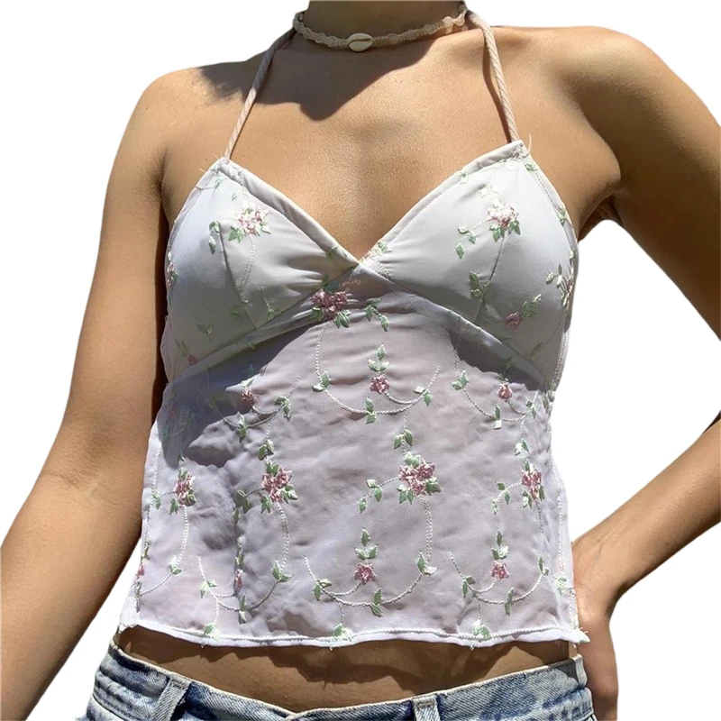 Y2K Floral Lace Cami Top - Spaghetti Strap Backless Mesh Strappy Tank