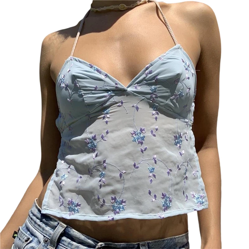 Y2K Floral Lace Cami Top - Spaghetti Strap Backless Mesh Strappy Tank