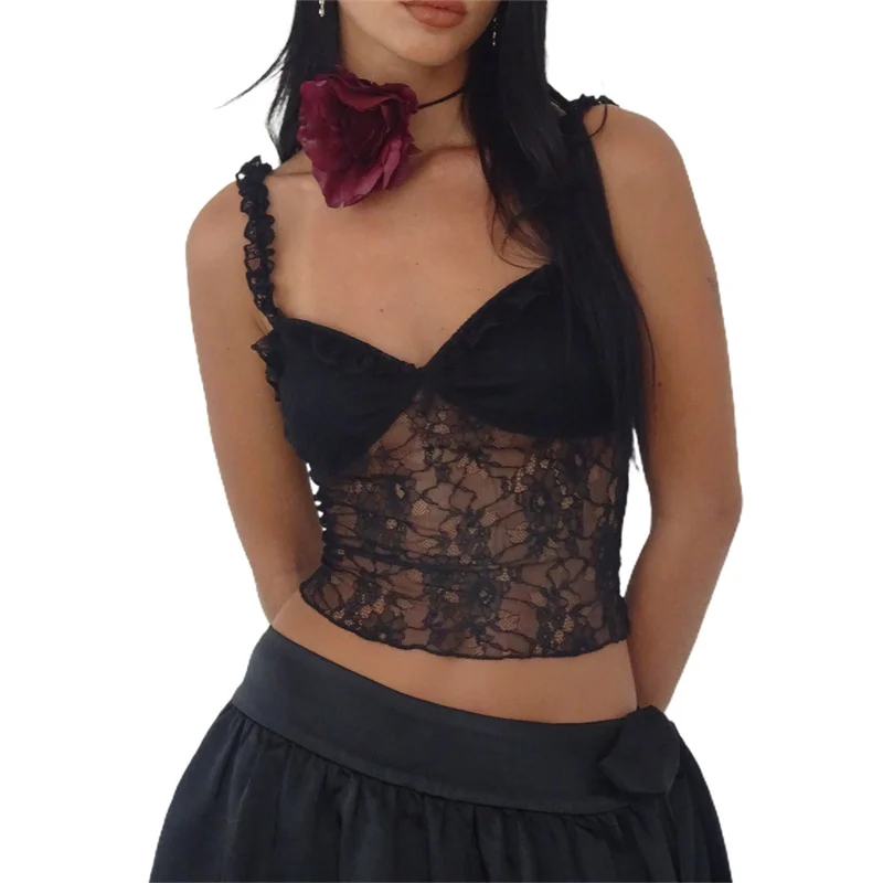 Y2K Floral Lace Camisole - Sheer Spaghetti Strap Top for Party Clubwear