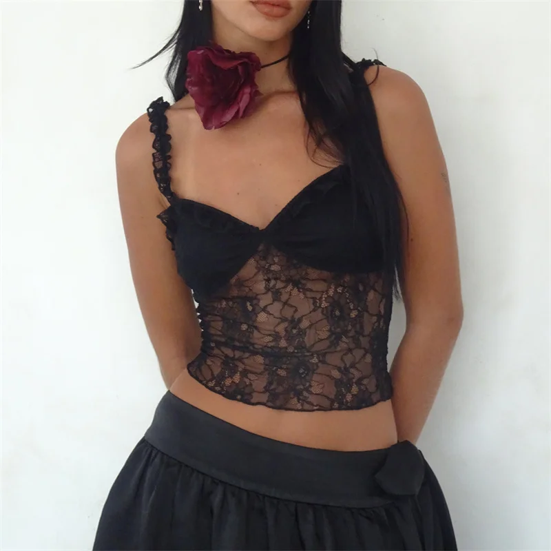 Y2K Floral Lace Camisole - Sheer Spaghetti Strap Top for Party Clubwear