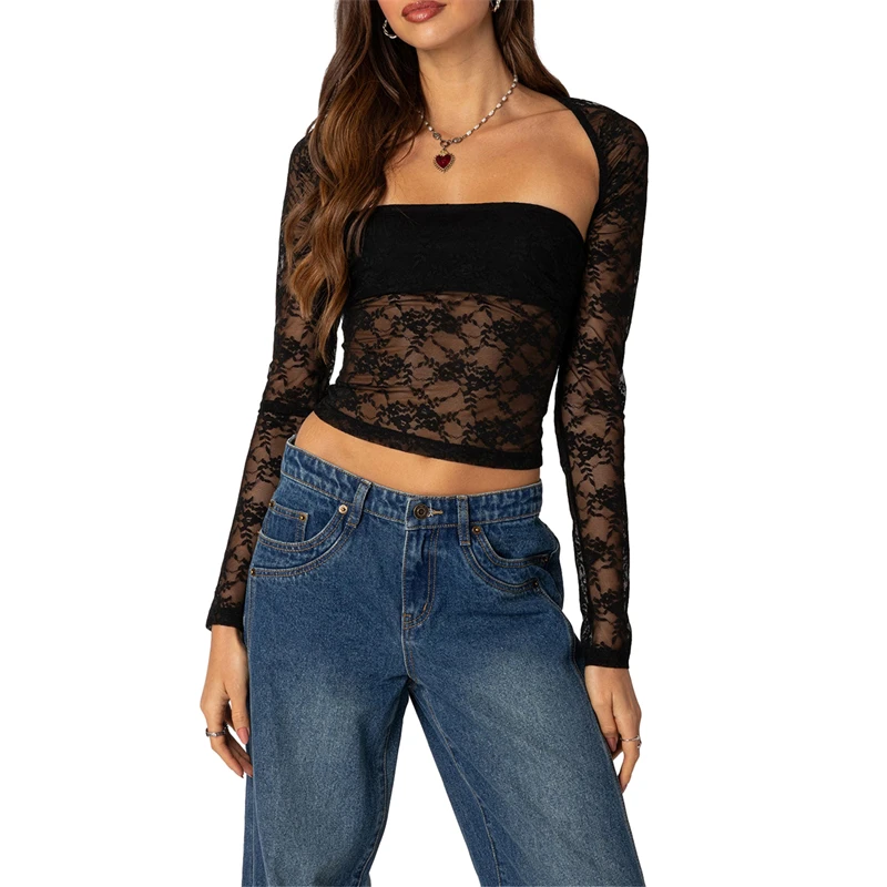 Y2K Floral Lace Off-Shoulder Shrug & Top Set - Sheer 2Pcs Clubwear