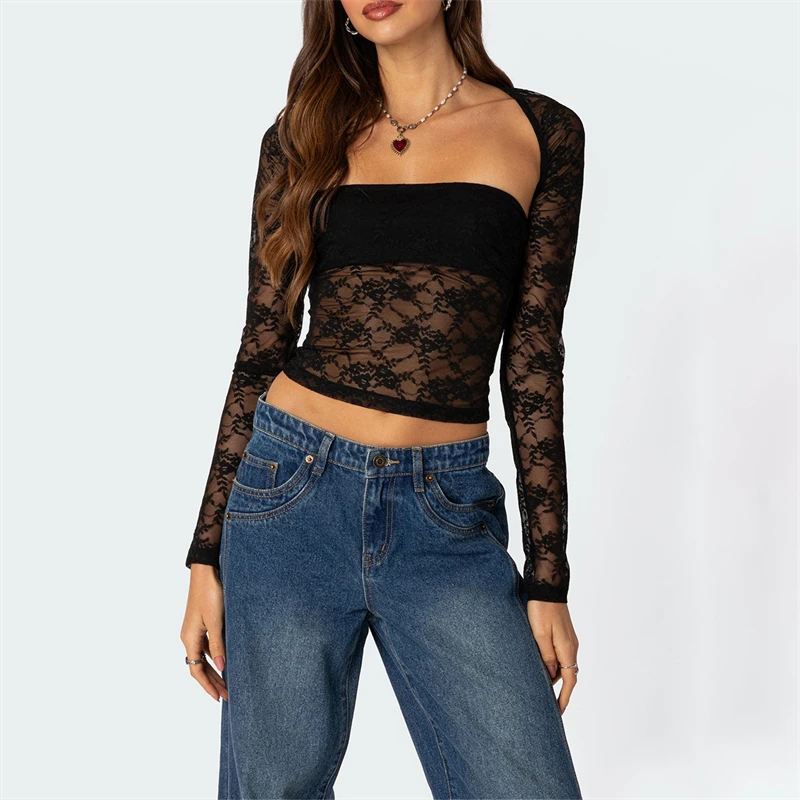 Y2K Floral Lace Off-Shoulder Shrug & Top Set - Sheer 2Pcs Clubwear