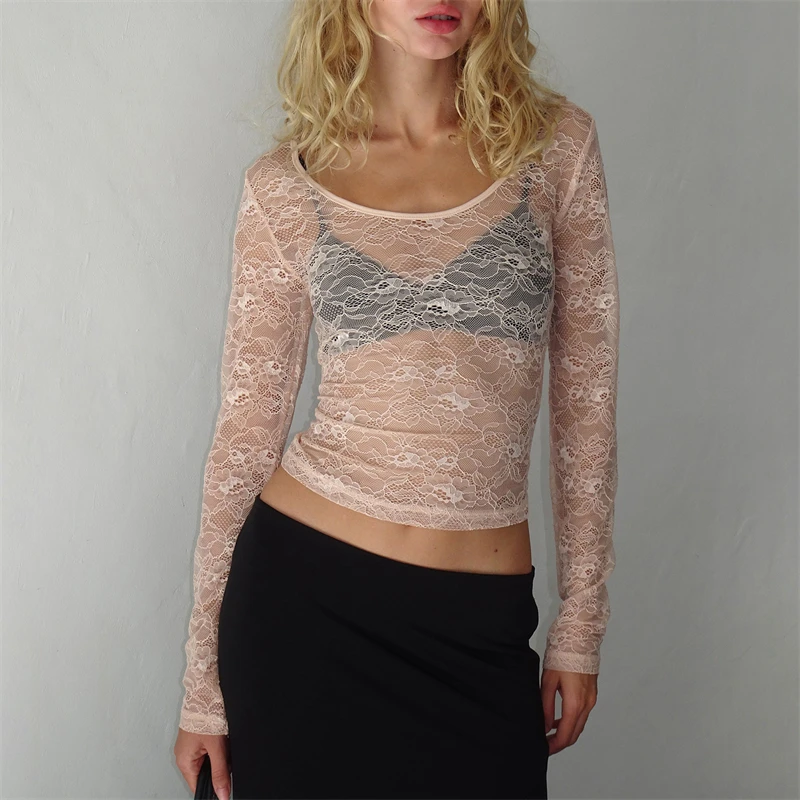 Y2K Floral Lace See-Through Crop Top - Round Neck Long Sleeve Aesthetic Tee