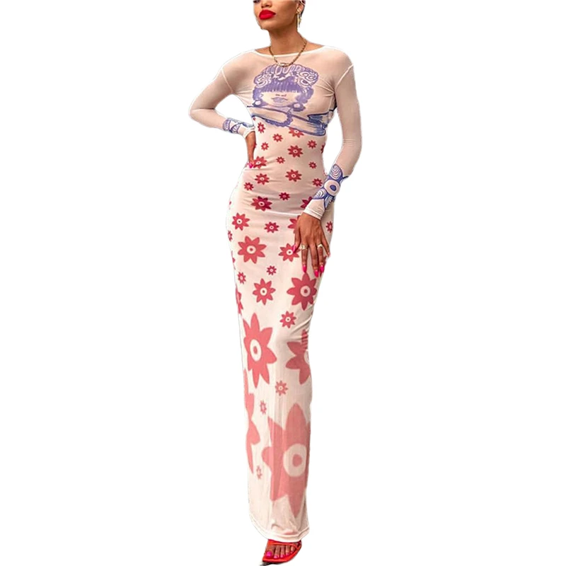 Y2K Floral Mesh Dress - Retro Aesthetic Women's Evening Party Outfit