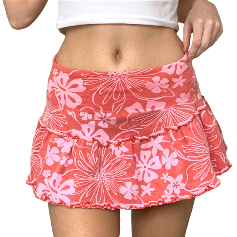 Y2K Floral Print A-Line Mini Skirt - High Waist Frill Trim Streetwear