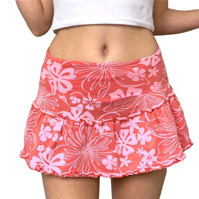 Y2K Floral Print A-Line Mini Skirt - High Waist Frill Trim Streetwear