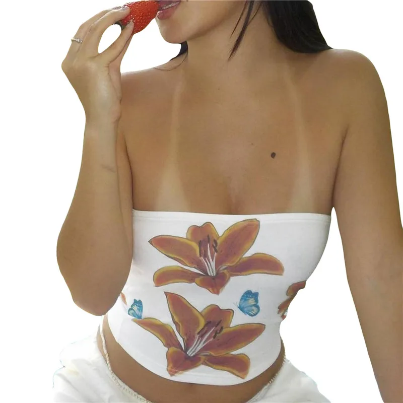 Y2K Floral Print Bandeau Top - Off-Shoulder Sleeveless Streetwear