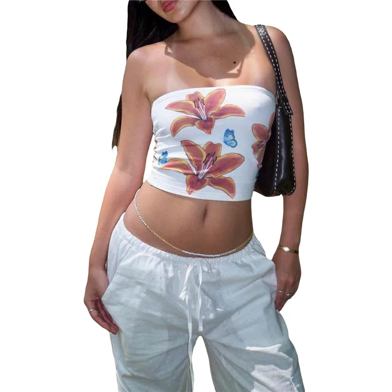 Y2K Floral Print Bandeau Top - Off-Shoulder Sleeveless Streetwear