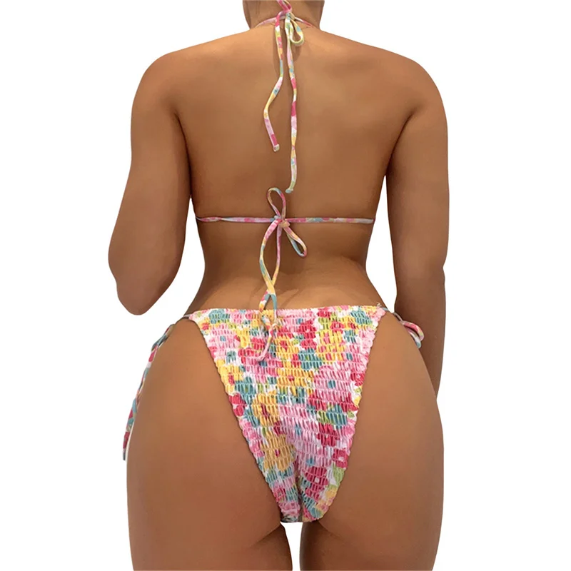 Y2K Floral Print Halter Bikini Set - Retro Summer Beachwear