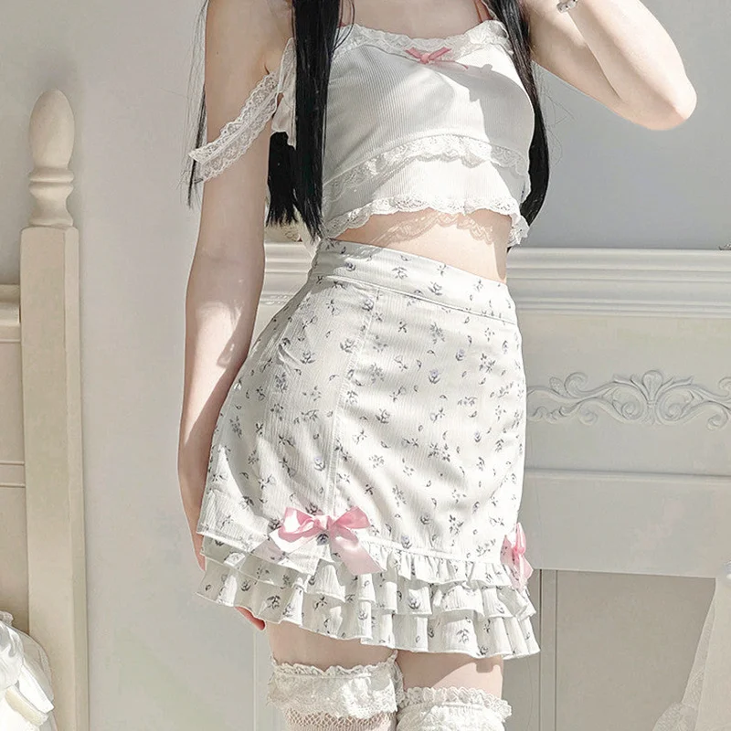 Y2K Floral Print Mini Skirt with Ruffled Hem and Bow - Streetwear Aesthetic