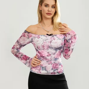 Y2K Floral Print Off-Shoulder Long Sleeve Top - Streetwear Aesthetic