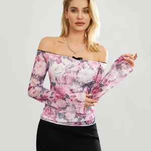 Y2K Floral Print Off-Shoulder Long Sleeve Top - Streetwear Aesthetic